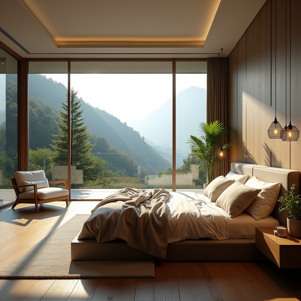 Himalayan Heaven panoramic mountain bedroom with floor-to-ceiling windows in Nainital luxury villa