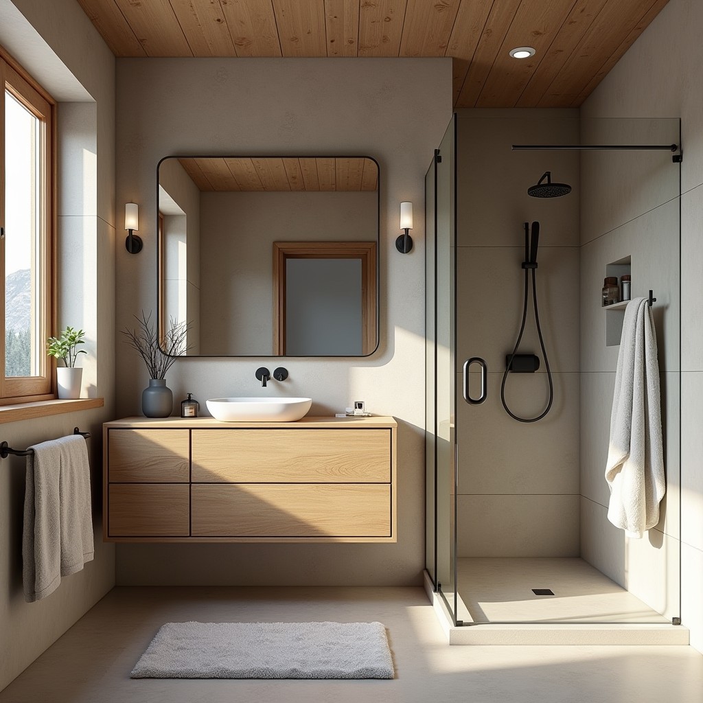 Modern bathroom with mountain views in Nainital villa