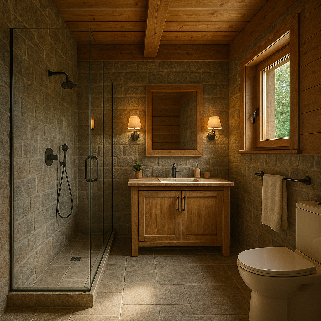 Mountain cottage bathroom with stone and wood design