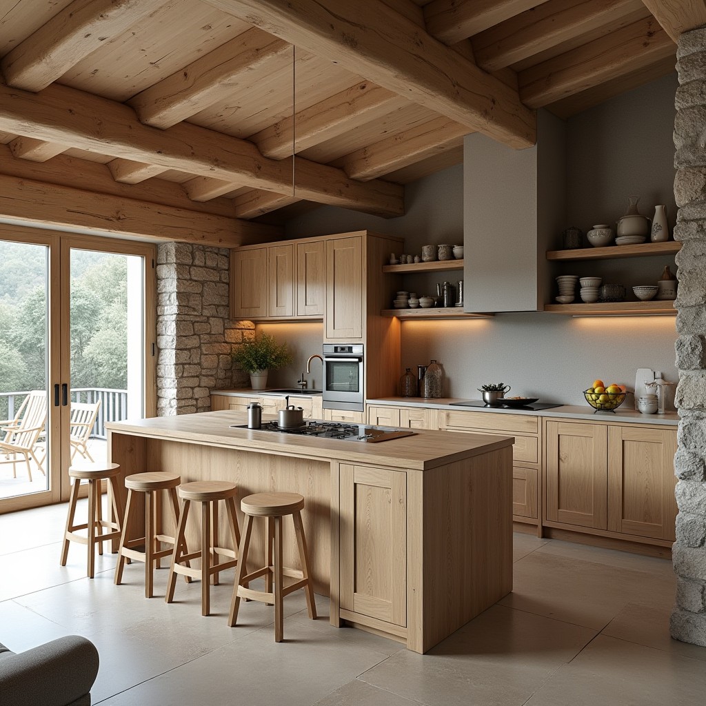 Rustic kitchen with stone walls and wooden beams
