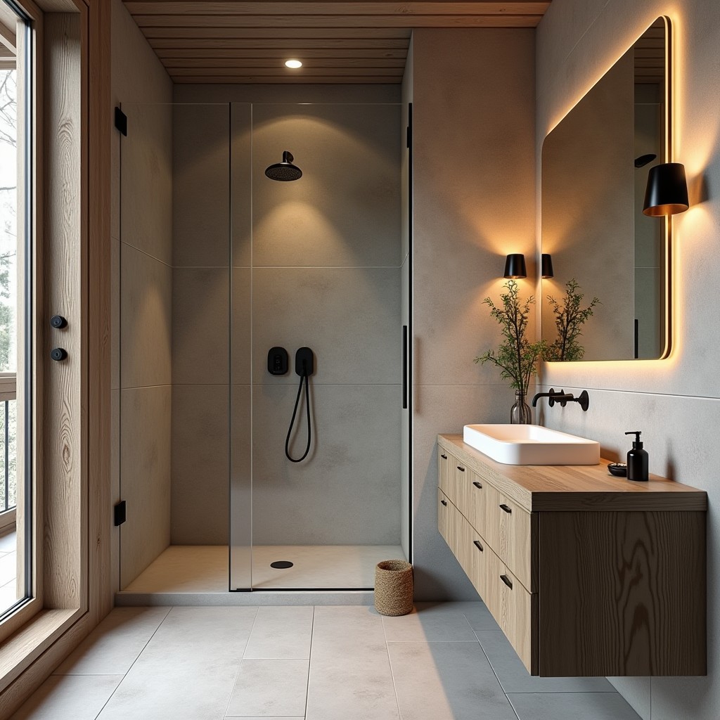 Modern bathroom with wooden elements and minimalist design