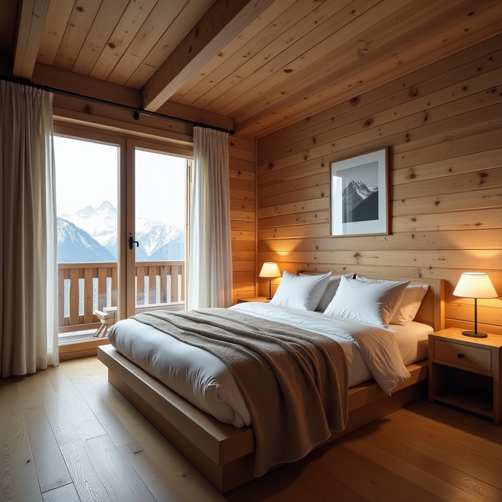 Wooden paneled bedroom with alpine mountain views