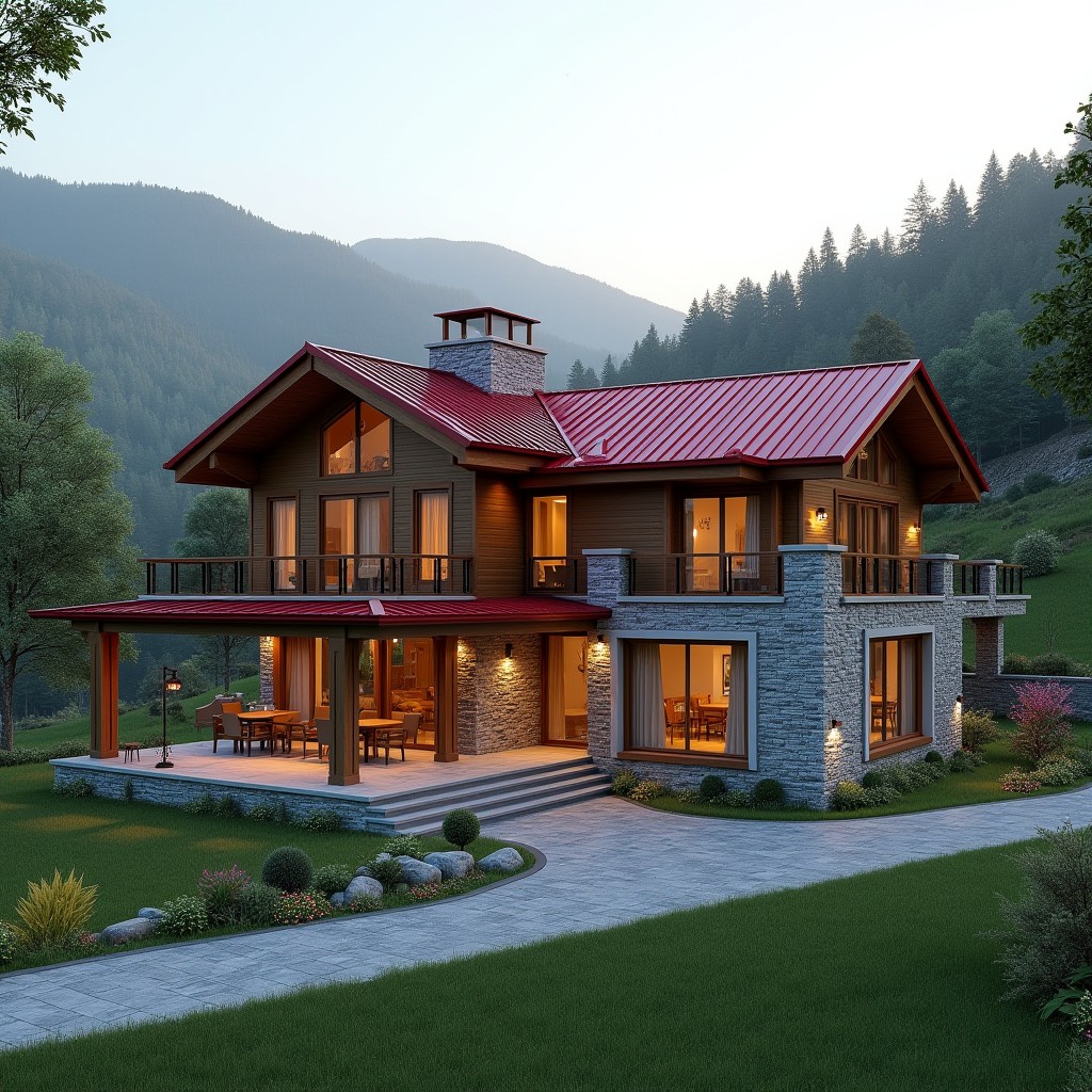 Wooden cottage with red roof nestled in forest setting